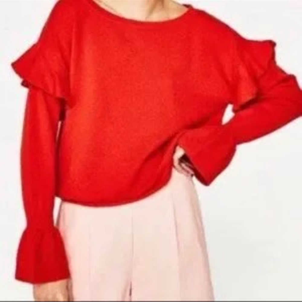 Zara Women’s Red Orange Bell Sleeves Ruffle Knit Long Sleeve Flounce Sweater - Picture 9 of 15